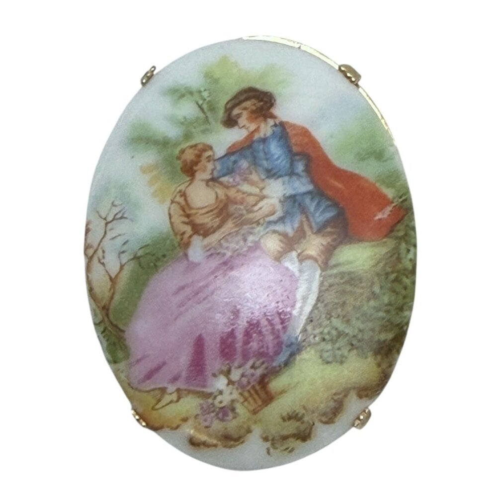 Vintage Porcelain French Scene Brooch Oval Gold Tone Fragonard Limoges Style